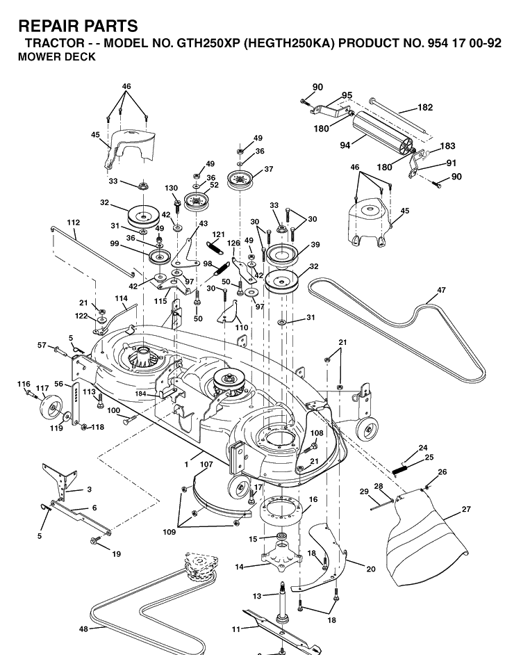 Mower Deck / Cutting Deck Diagram and Parts List for GTH250XP (HEGTH250KA)(2003-01) Husqvarna Lawn Tractor