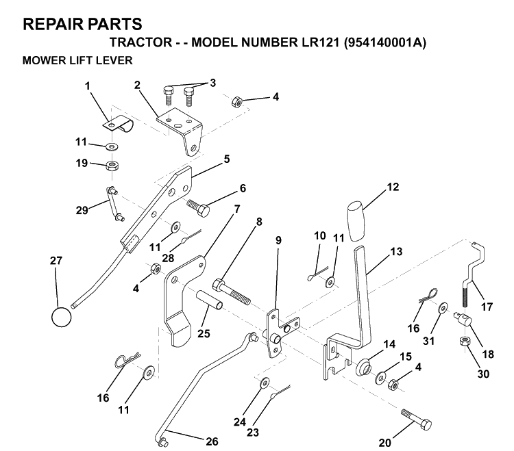 Mower Lift Lever Diagram and Parts List for LR121 (954140001A)(1997-01) Husqvarna Lawn Tractor