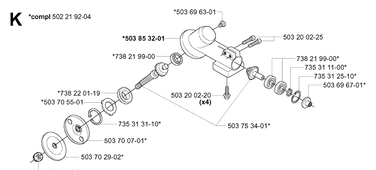 Bevel Gear Diagram and Parts List for 227L 2000-10 Husqvarna Trimmer