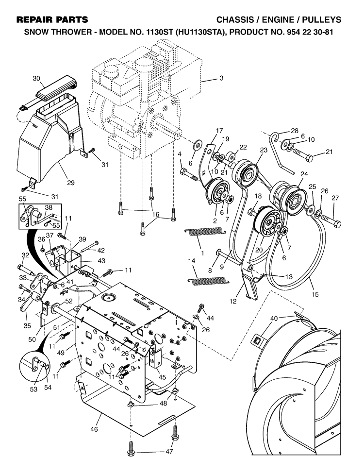 Chassis, Engine And Pulleys Diagram and Parts List for 1130ST (HU1130STA)(2002-09) Husqvarna Snow Blower