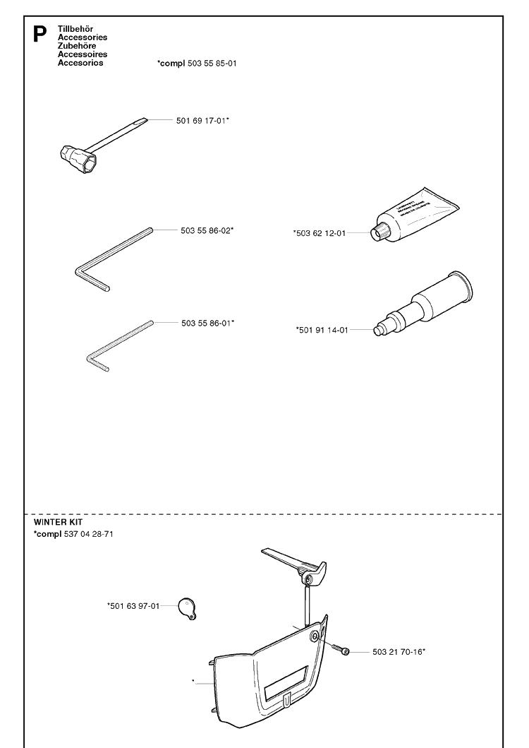 Accessories Diagram and Parts List for 353 20023600001-20041199999 Husqvarna Chainsaw