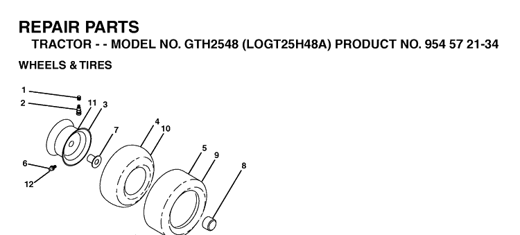 Wheels And Tires Diagram and Parts List for GTH2548-LOGT25H48A 2003-12 Husqvarna Lawn Tractor