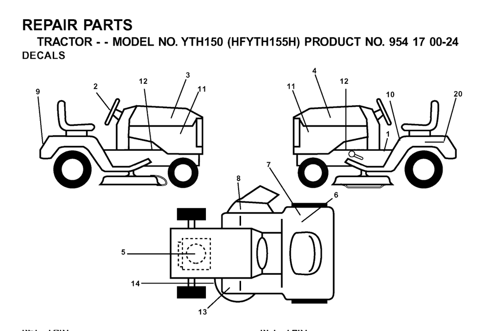 Decals Diagram and Parts List for YTH150 (954170024-H)(2001-03) Husqvarna Lawn Tractor
