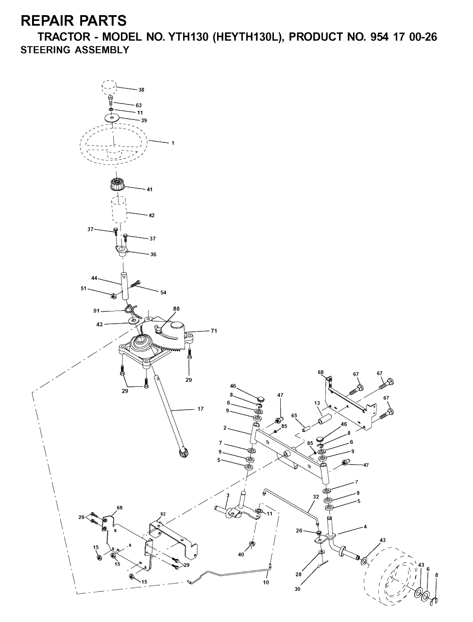 Steering Diagram and Parts List for YTH130 (954170026-L)(2001-09) Husqvarna Lawn Tractor