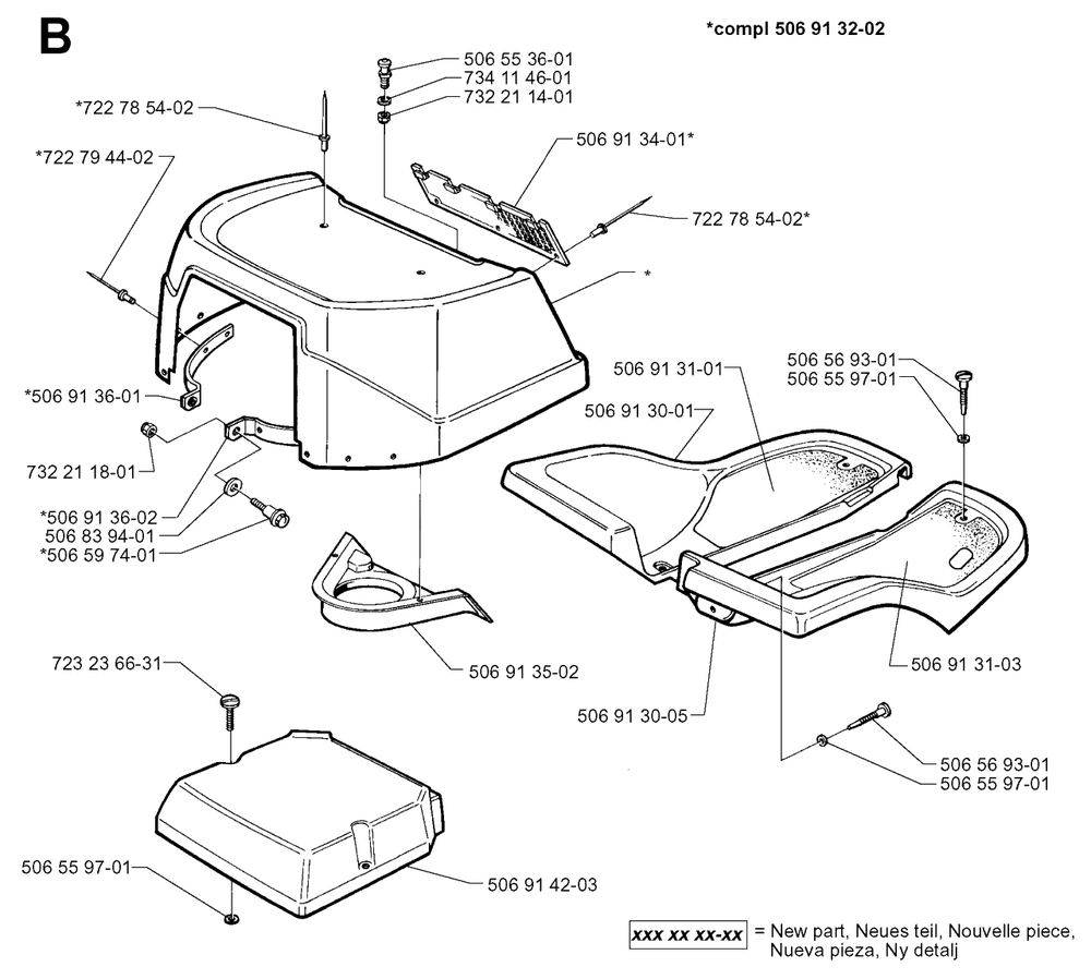 Hood Diagram and Parts List for R850HST 1998-03 Husqvarna Lawn Tractor