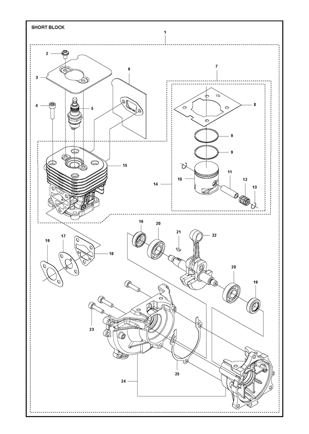 Short Block Diagram and Parts List for 525DEPSMADSAW  Husqvarna Pole Saw