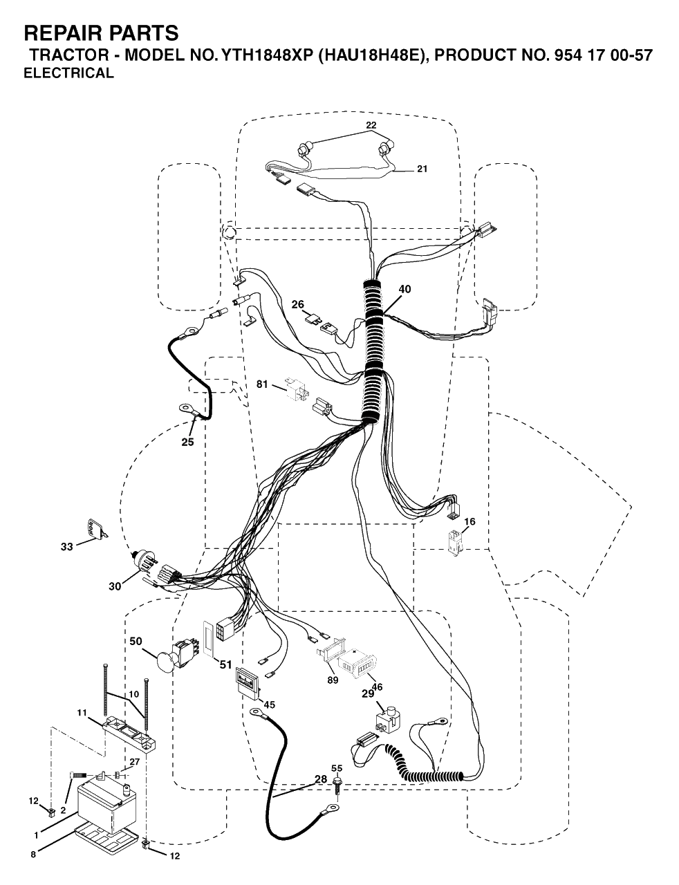 Electrical Diagram and Parts List for YTH1848XP (954170057-E)(2003-01) Husqvarna Lawn Tractor