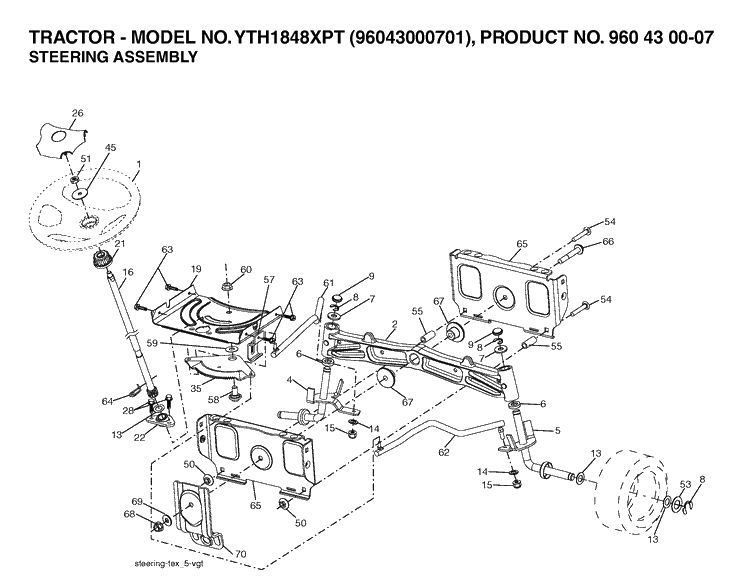Steering Diagram and Parts List for YTH1848XP (96043000701)(2006-03) Husqvarna Lawn Tractor