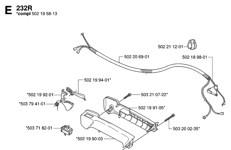 Handle And Controls Diagram and Parts List for 232R 20061400001-20144900000 Husqvarna Brush Cutter