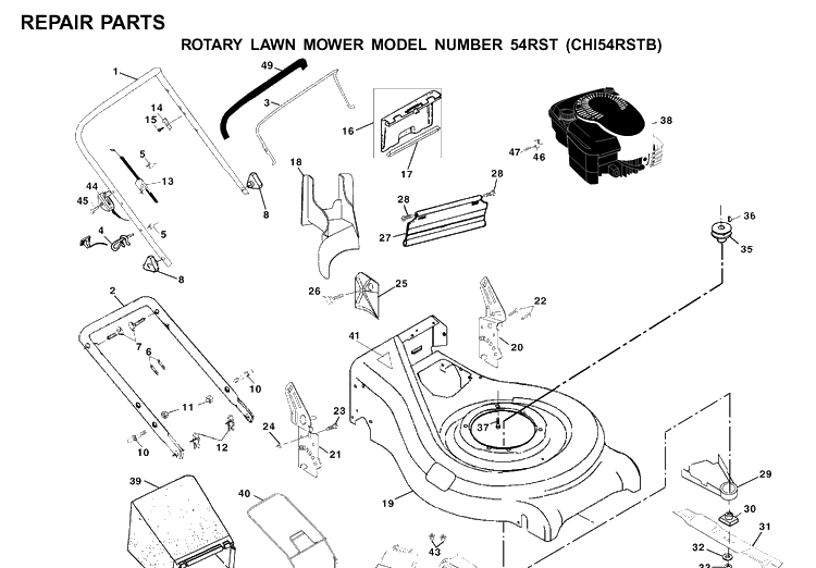 Frame And Engine Diagram and Parts List for 54 2001-03 Husqvarna Lawn Mower