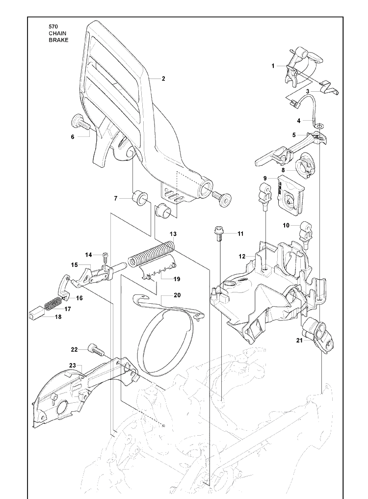 Chain Brake Diagram and Parts List for 570 2009-08 Husqvarna Chainsaw