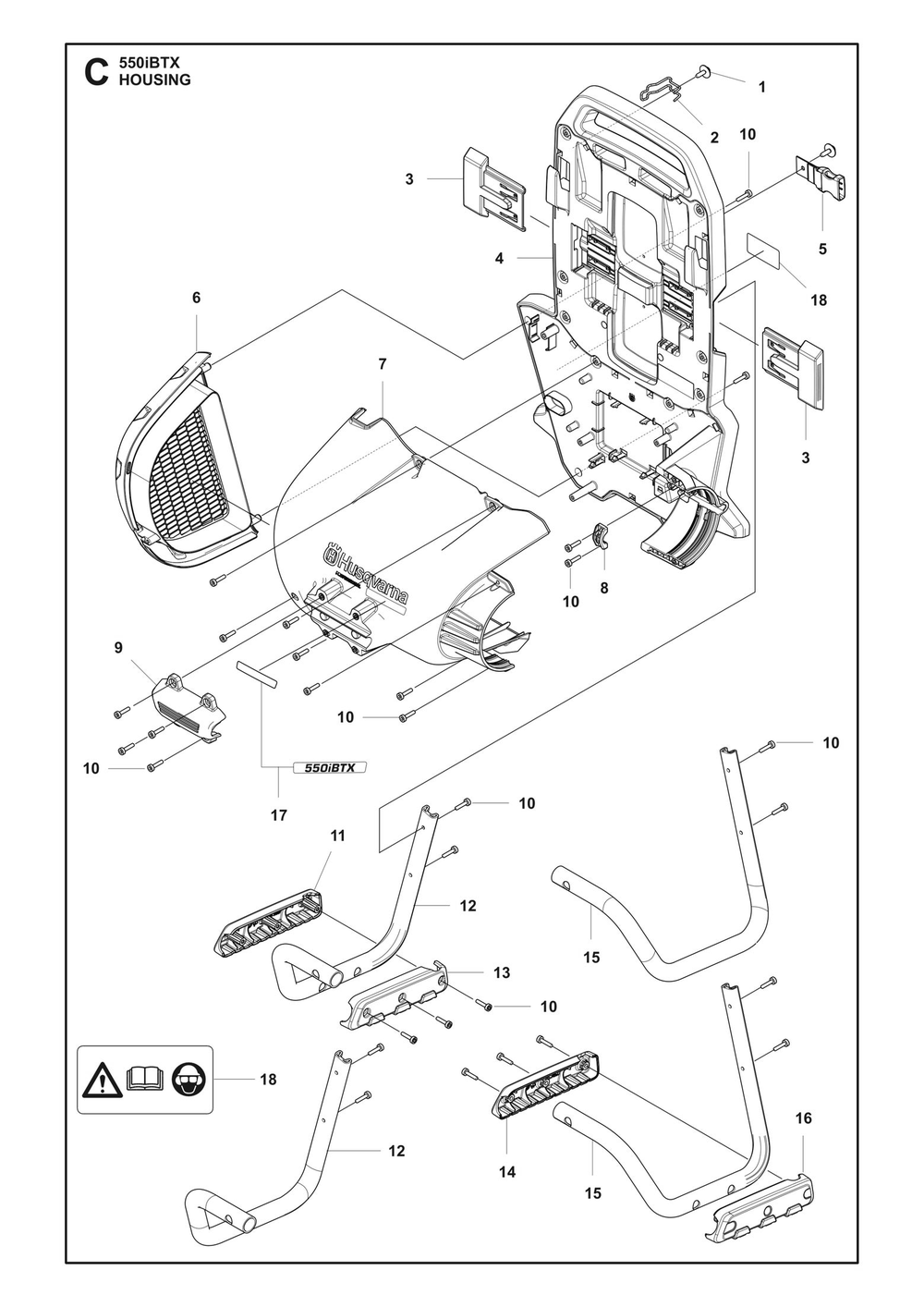 Housing Diagram and Parts List for 550IBTXBT  Husqvarna Leaf Blower / Vacuum