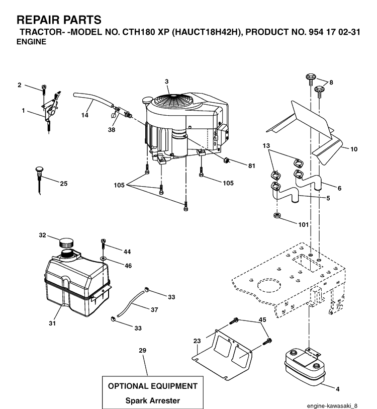 Engine Diagram and Parts List for CTH180XP (HAUCT18H42H)(2005-05) Husqvarna Lawn Tractor
