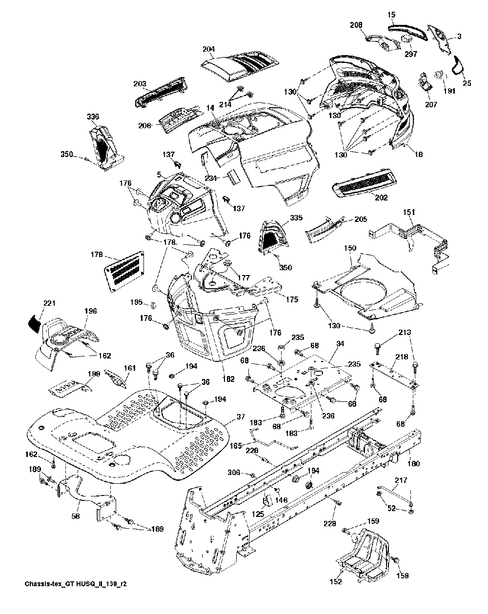 Chassis And Enclosures Diagram and Parts List for YTH2754T (96041022101)(2012-12) Husqvarna Lawn Tractor