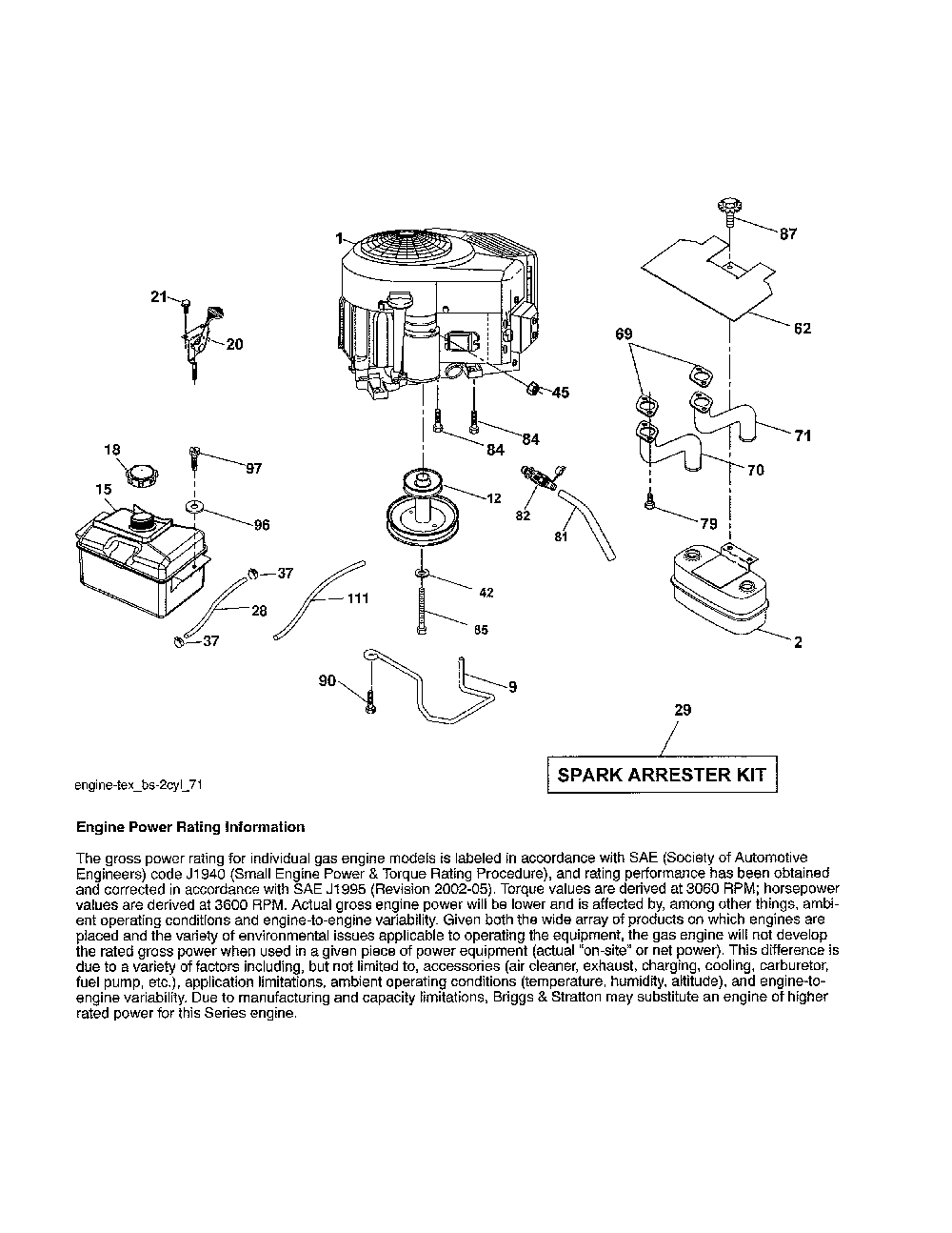 Engine Diagram and Parts List for YTH22V42-96043017301  Husqvarna Lawn Tractor