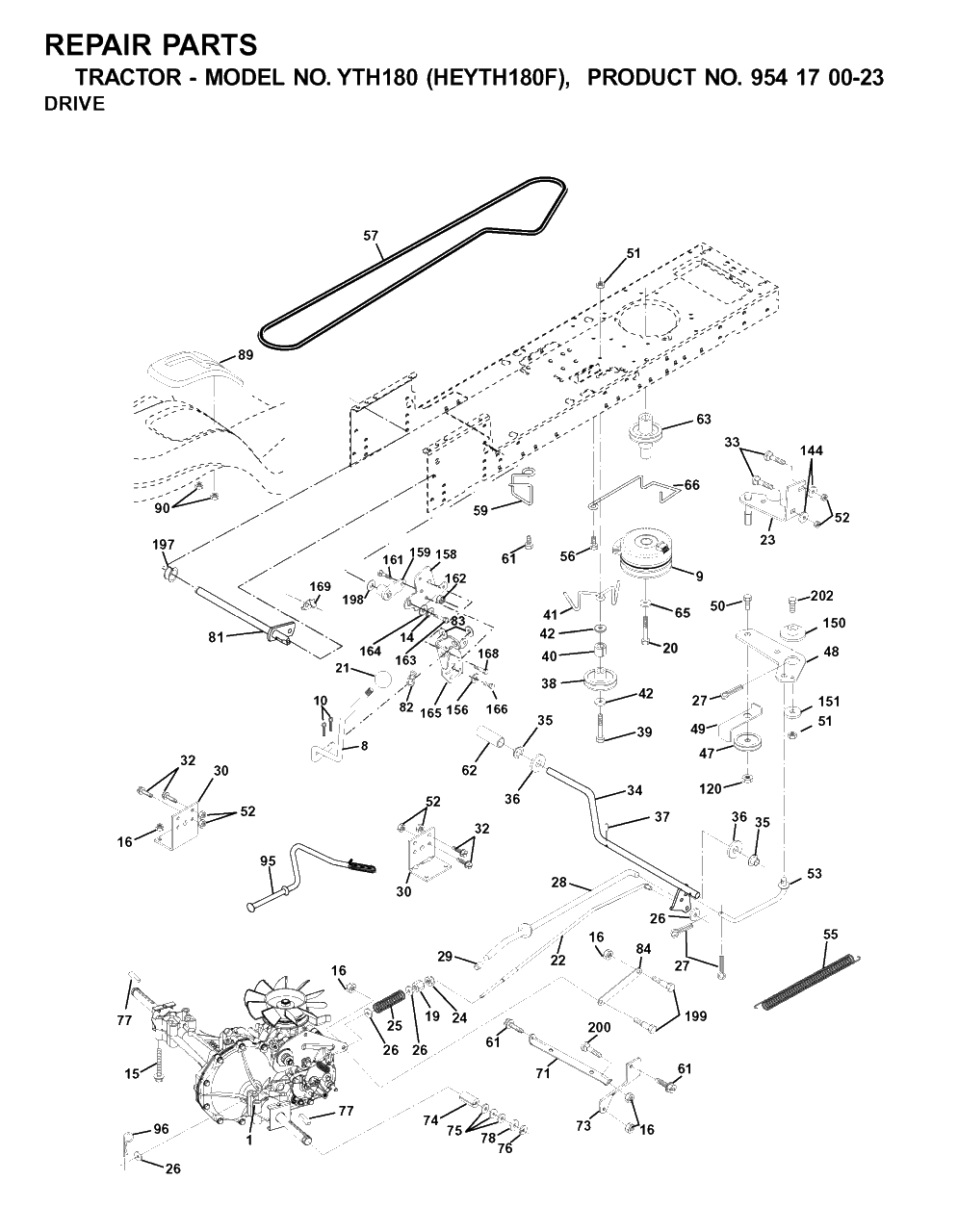 Drive Diagram and Parts List for YTH180 (954170023-F)(2001-03) Husqvarna Lawn Tractor