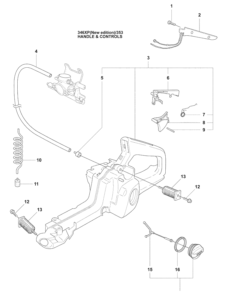 Fuel Tank (Ne) Diagram and Parts List for 353 2009-02 Husqvarna Chainsaw
