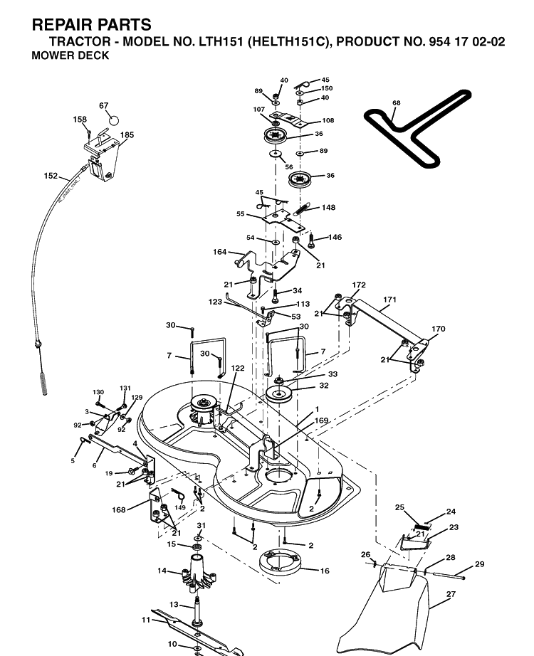 Mower Deck / Cutting Deck Diagram and Parts List for LTH151 (HELTH151C)(2004-09) Husqvarna Lawn Tractor
