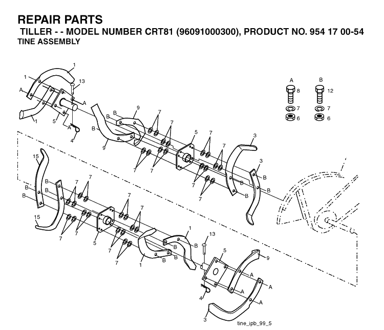 Tine Assembly Diagram and Parts List for CRT81 (96091000300)(2005-01) Husqvarna Cultivator