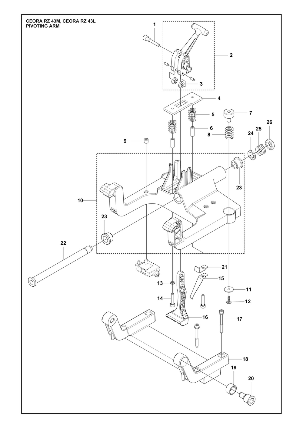 Pivoting Arm Diagram and Parts List for CEORARZ43M  Husqvarna Lawn Mower