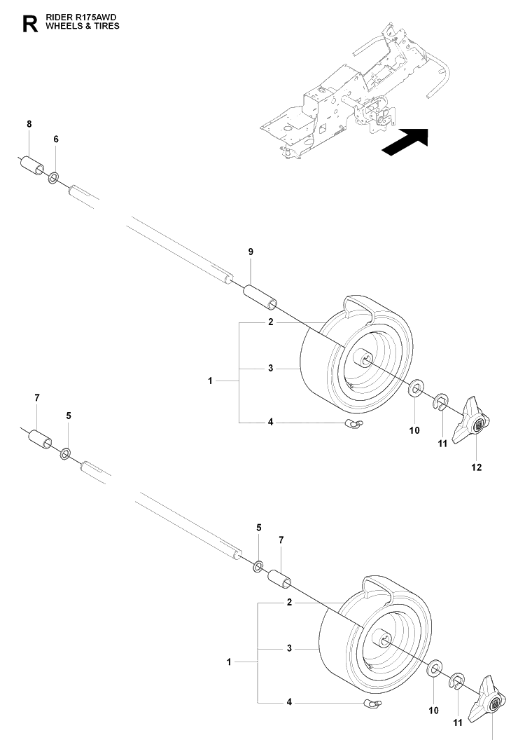 Wheels And Tires Diagram and Parts List for RIDER175AWD (965105001)(2009-04) Husqvarna Lawn Mower