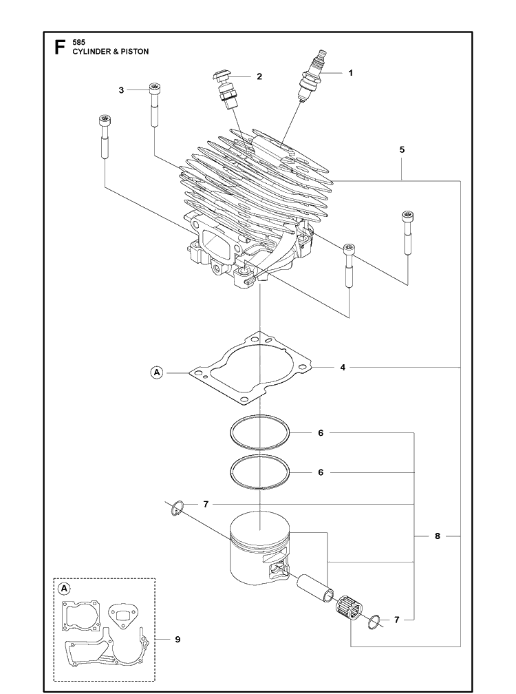 Cylinder Piston Diagram and Parts List for 585  Husqvarna Chainsaw