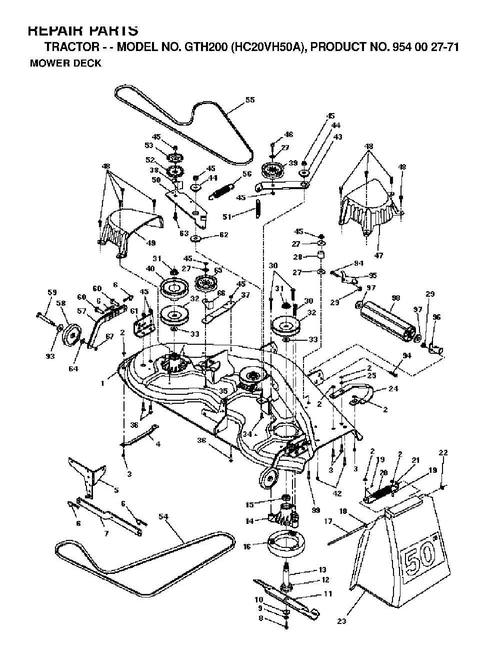 Mower Deck / Cutting Deck Diagram and Parts List for GTH200 (HC20VH50A, 954002771)(1996-04) Husqvarna Lawn Tractor