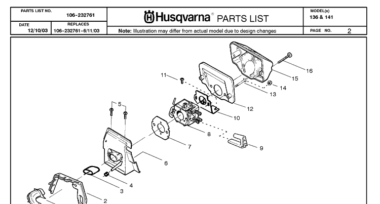 Carburetor And Air Filter Diagram and Parts List for 136 20040100001-Current Husqvarna Chainsaw
