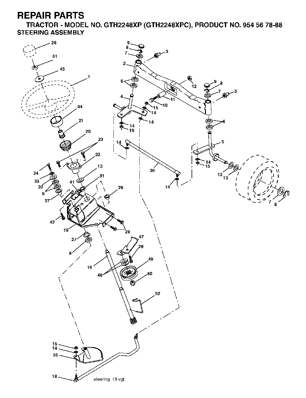 Steering Diagram and Parts List for GTH2248XP (GTH2248 XPC, 954567888)(2003-07) Husqvarna Lawn Tractor