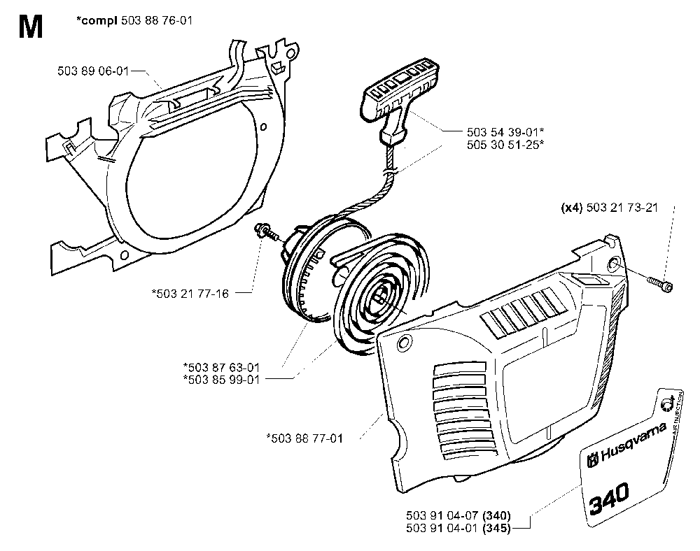 Starter Diagram and Parts List for 345EPA 19993600001-20013500000 Husqvarna Chainsaw