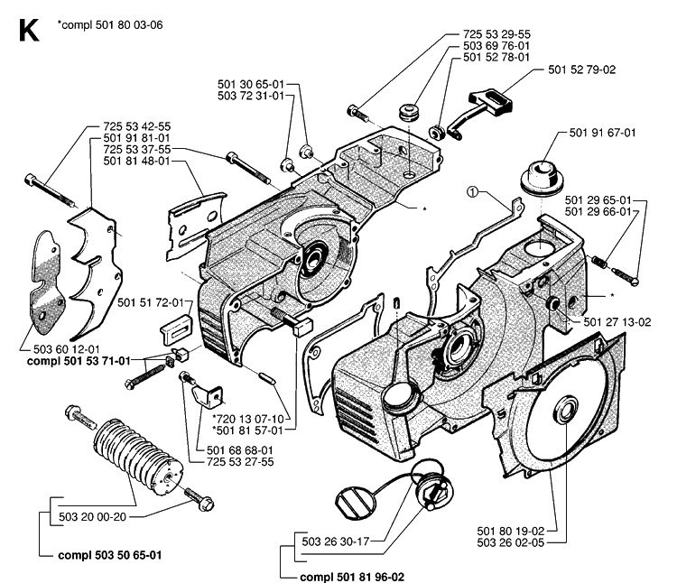 Crankcase 2 Diagram and Parts List for 288 19974900001-20000600000 Husqvarna Chainsaw