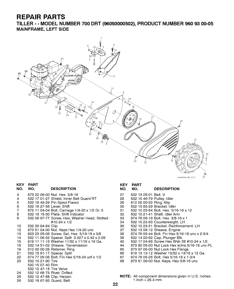 Mainframe, Left Side Diagram and Parts List for 700DRT 2009-01 Husqvarna Cultivator