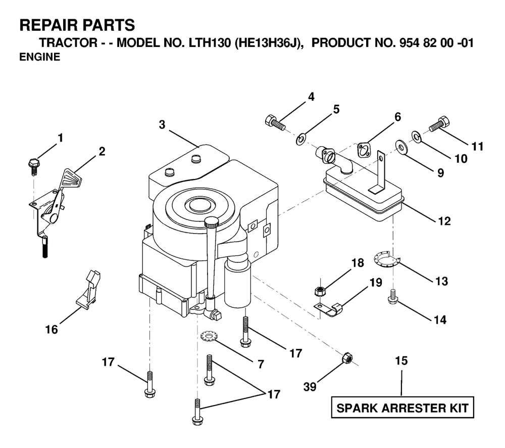 Engine And Cutting Equipment Diagram and Parts List for LTH130 (954820001-J)(2000-03) Husqvarna Lawn Tractor