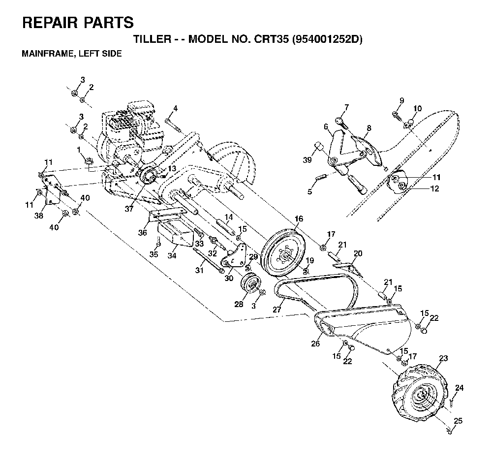 Mainframe, Left Side Diagram and Parts List for CRT35 (954001252D)(1996-03) Husqvarna Tiller