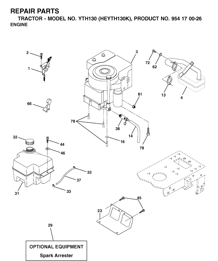 Engine And Cutting Equipment Diagram and Parts List for YTH130 (HEYTH130K)(2001-01) Husqvarna Lawn Tractor