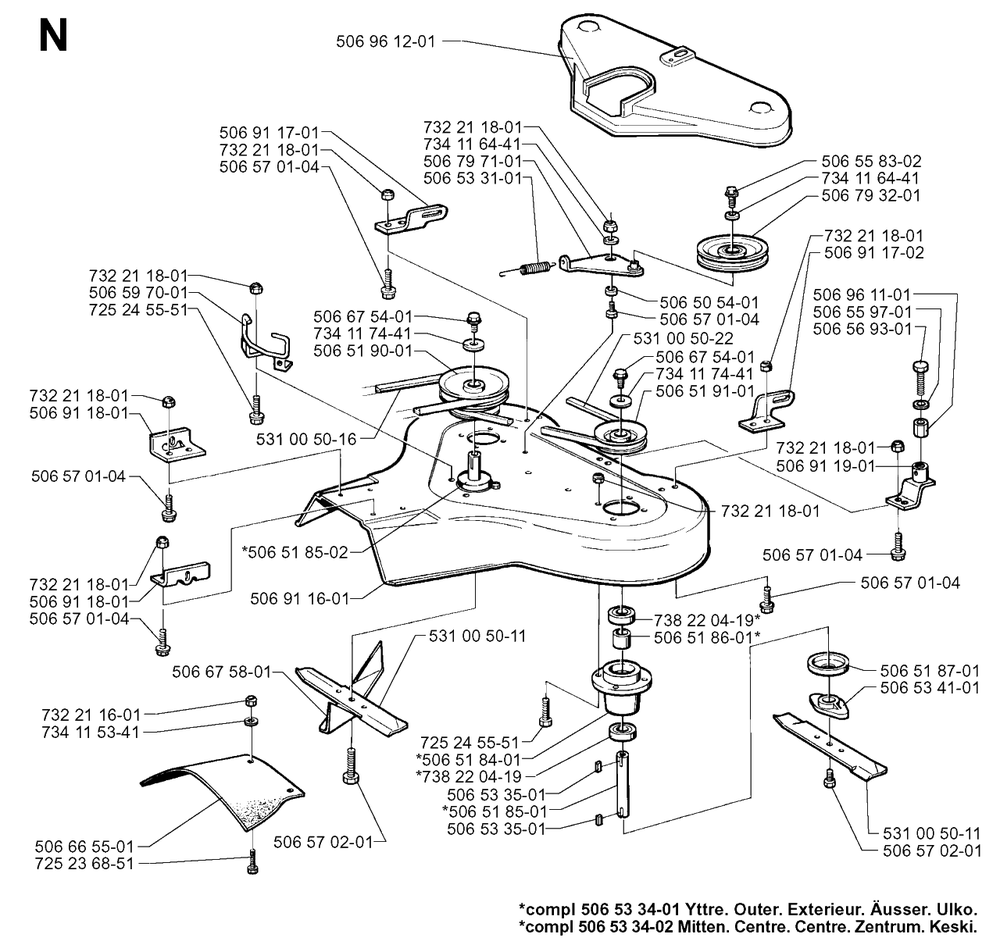 85cm Cutting Deck Diagram and Parts List for R850HST 1997-03 Husqvarna Lawn Tractor