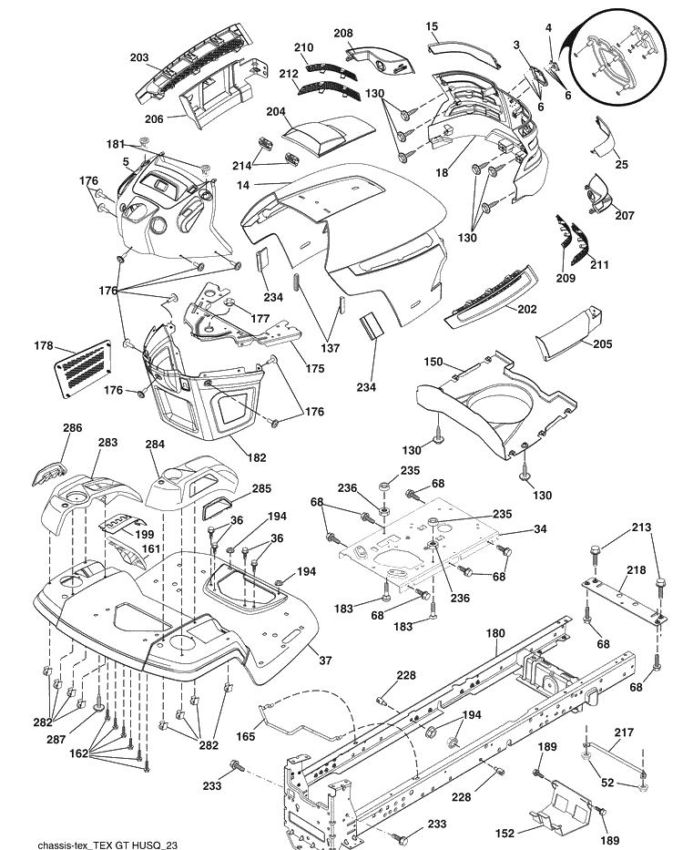 Chassis Diagram and Parts List for 2348LS (96043006400)(2008-11) Husqvarna Lawn Mower