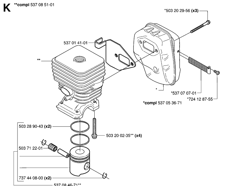 Cylinder, Piston And Muffler Diagram and Parts List for 326HE4 (X-SERIES)(20033100001-20040100000) Husqvarna Hedge Trimmer
