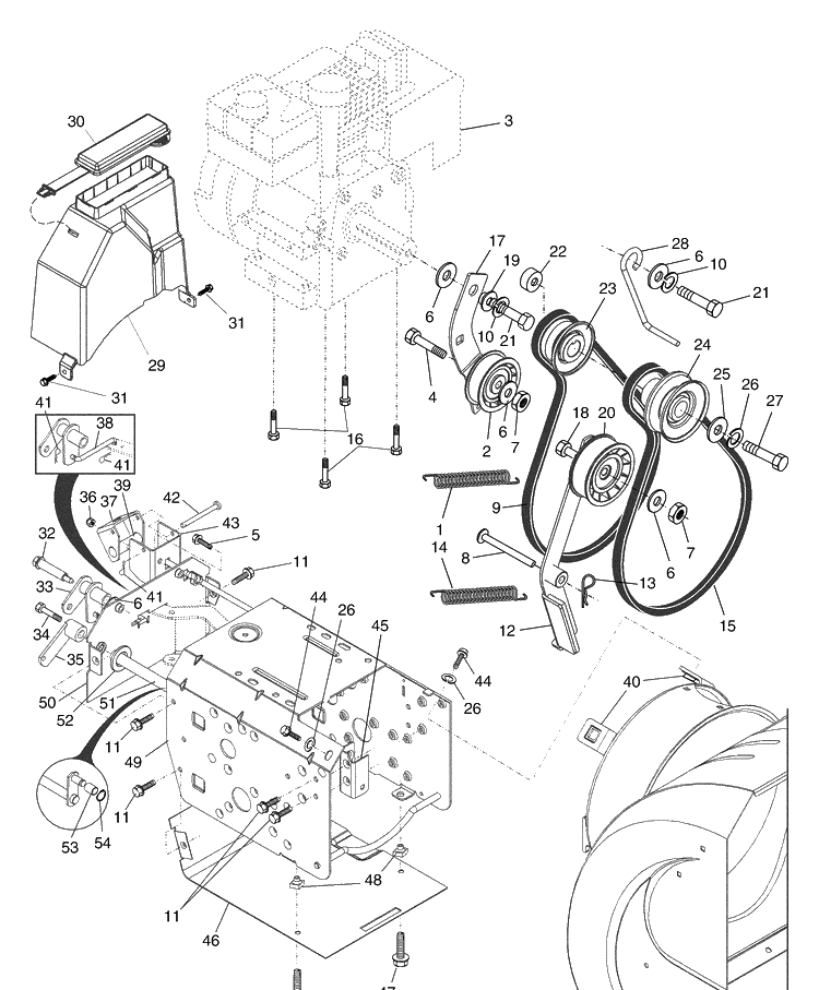 Chassis/Engine/Pulleys Diagram and Parts List for ST524 (HL524STA)(954633552)(2003-08) Husqvarna Snow Blower