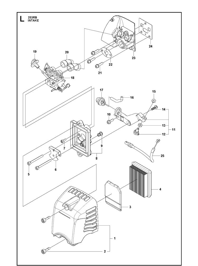 Intake Diagram and Parts List for 253RB 20101000001-20182200000 Husqvarna Brush Cutter