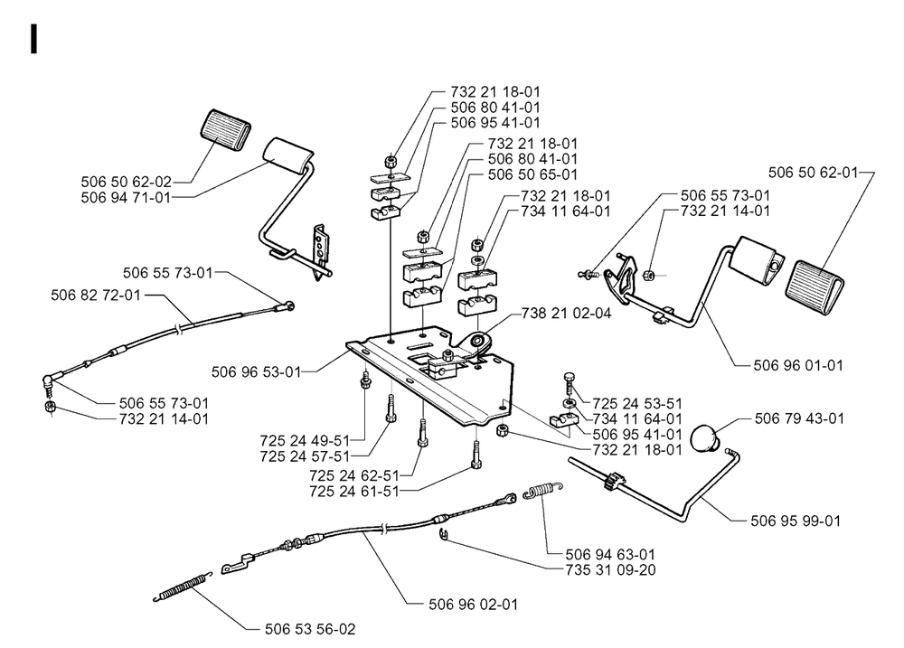 Pedals Diagram and Parts List for R13 1998-09 Husqvarna Lawn Tractor
