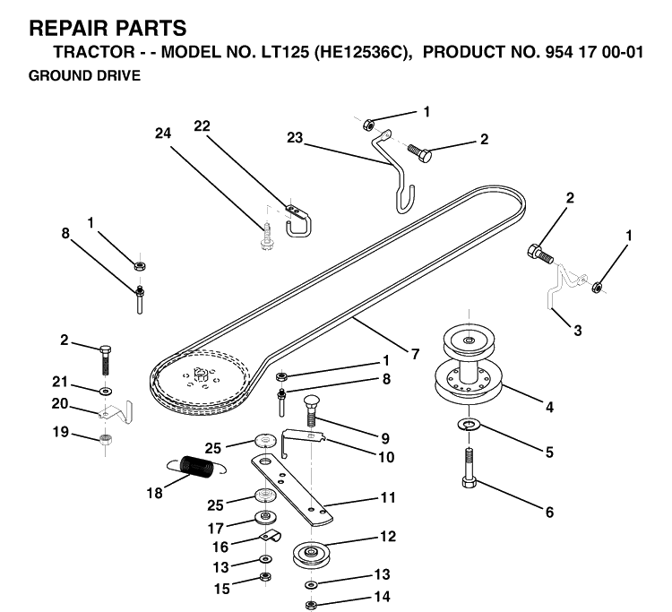 Drive Diagram and Parts List for LT125 (HE12536C)(1998-03) Husqvarna Lawn Tractor