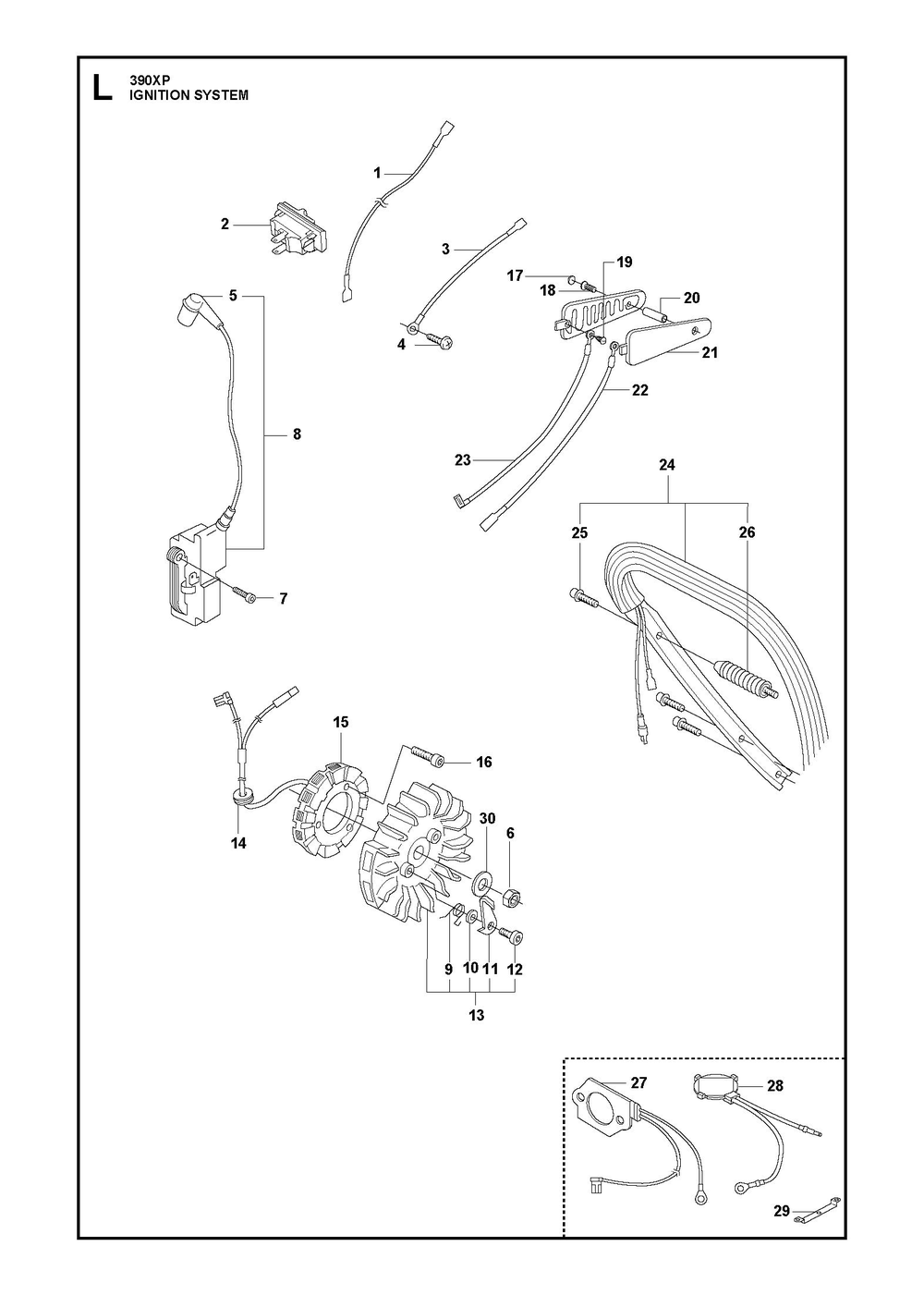 Ignition System Diagram and Parts List for 390XP-390XPG 390 XP W - 390 XP GW Husqvarna Chainsaw