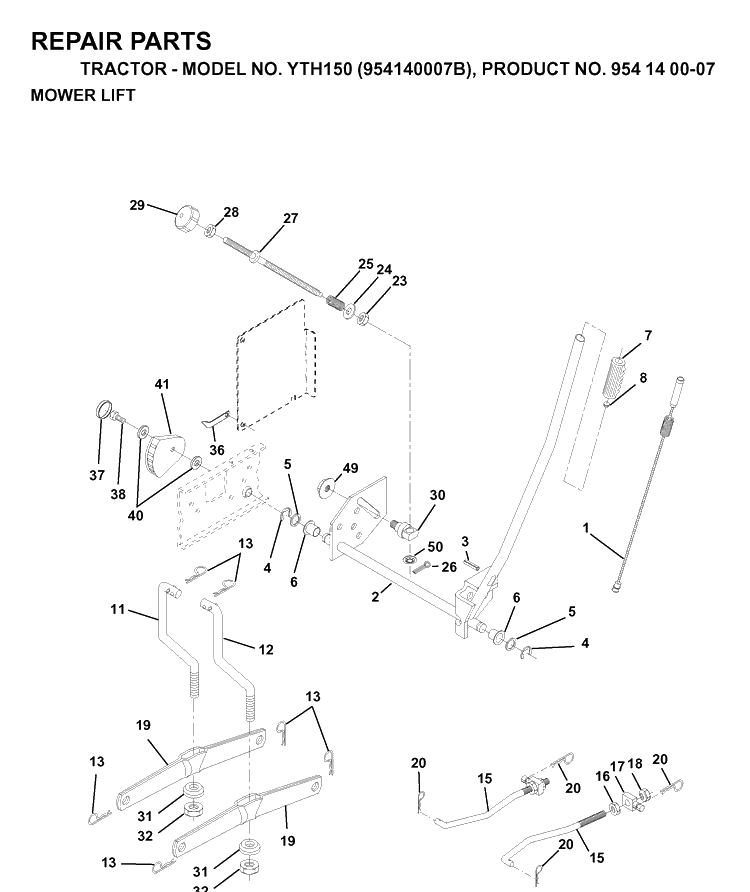 Mower Lift / Deck Lift Diagram and Parts List for YTH150 (954140007B)(1997-01) Husqvarna Lawn Tractor