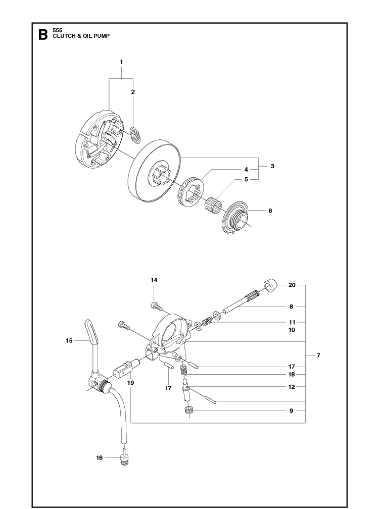 Clutch Oil Pump Diagram and Parts List for 555 2013-01 Husqvarna Chainsaw