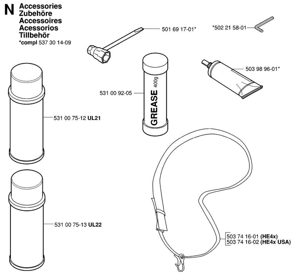 Accessories Diagram and Parts List for HA110 20050600001 - 20054000000 Husqvarna Trimmer