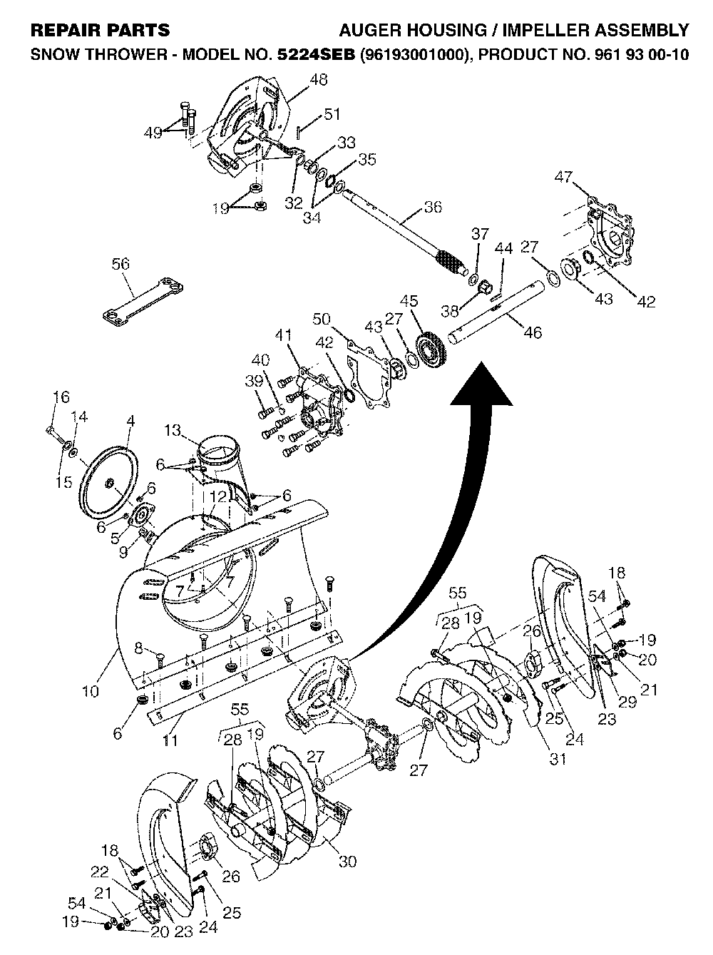Auger Housing And Impeller Diagram and Parts List for 5524SEB (96193001000, 961930010)(2005-12) Husqvarna Snow Blower
