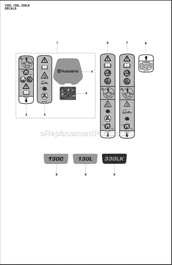 Decals Diagram and Parts List for 130C  Husqvarna Trimmer