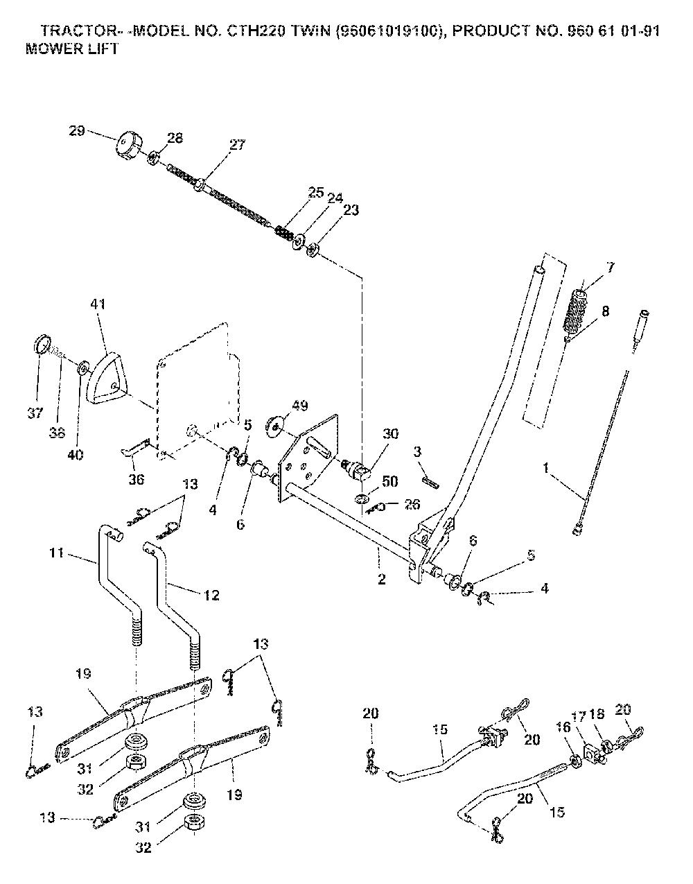 Mower Lift / Deck Lift Diagram and Parts List for CTH220TWIN (96061019100, 960610191)(2007-04) Husqvarna Lawn Tractor
