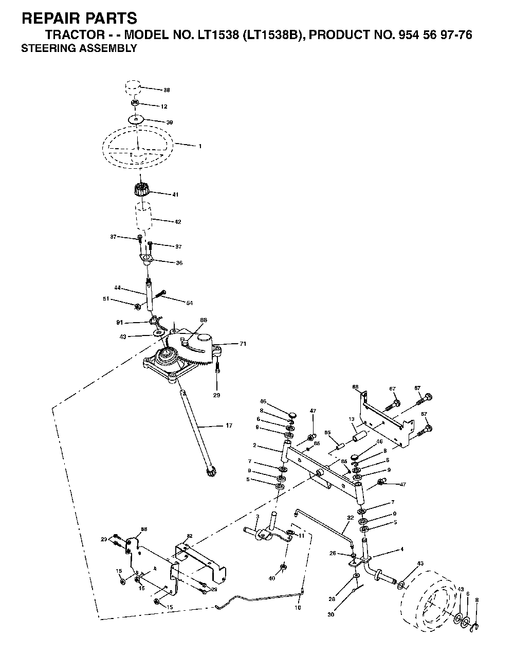 Steering Diagram and Parts List for LT1538 (LT1538B, 954569776)(2002-11) Husqvarna Lawn Tractor
